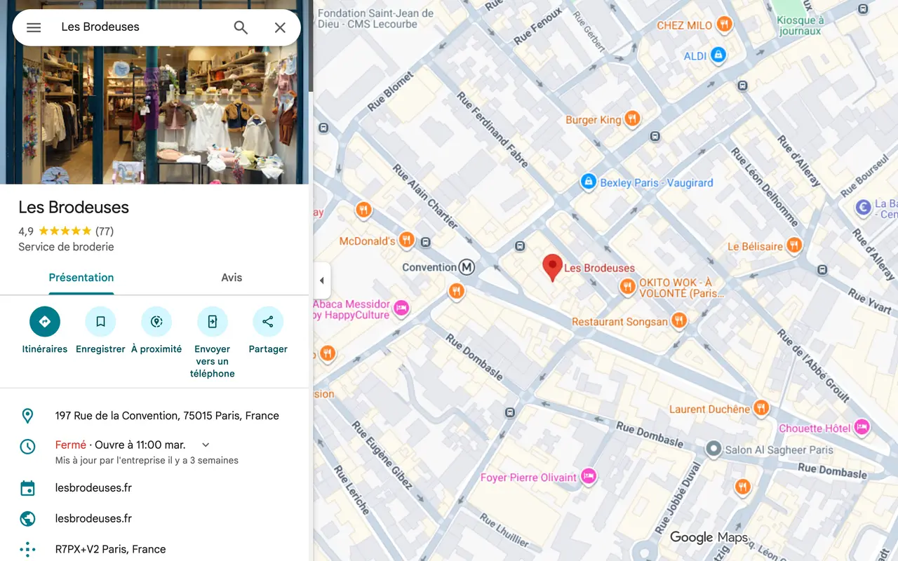 Fiche Google de l’atelier Les Brodeuses, 197 rue de la Convention, Paris 15e : note de 4,9 sur 5 et 77 avis