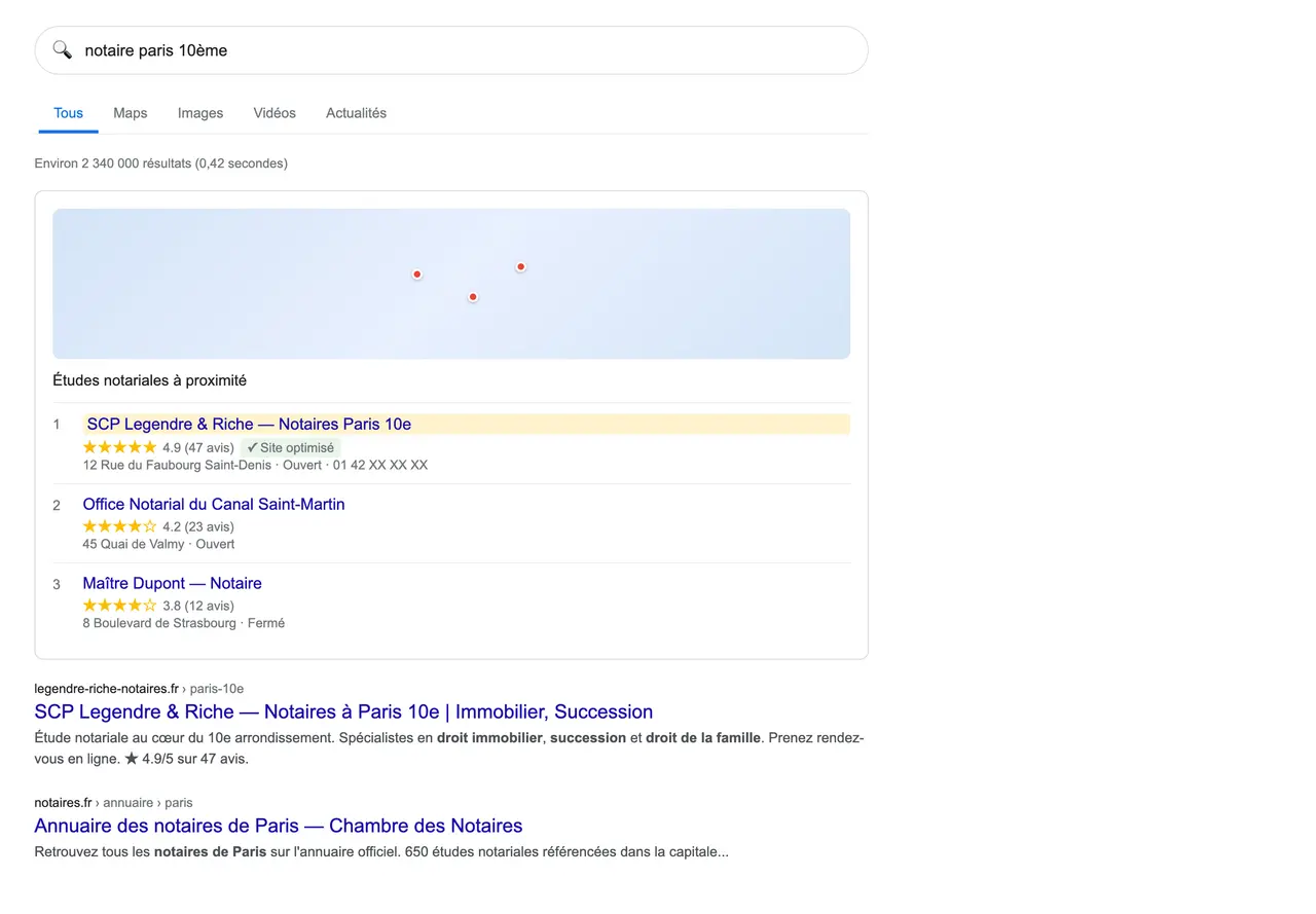 Résultats Google pour la recherche notaire Paris : annonces, carte et fiches des études