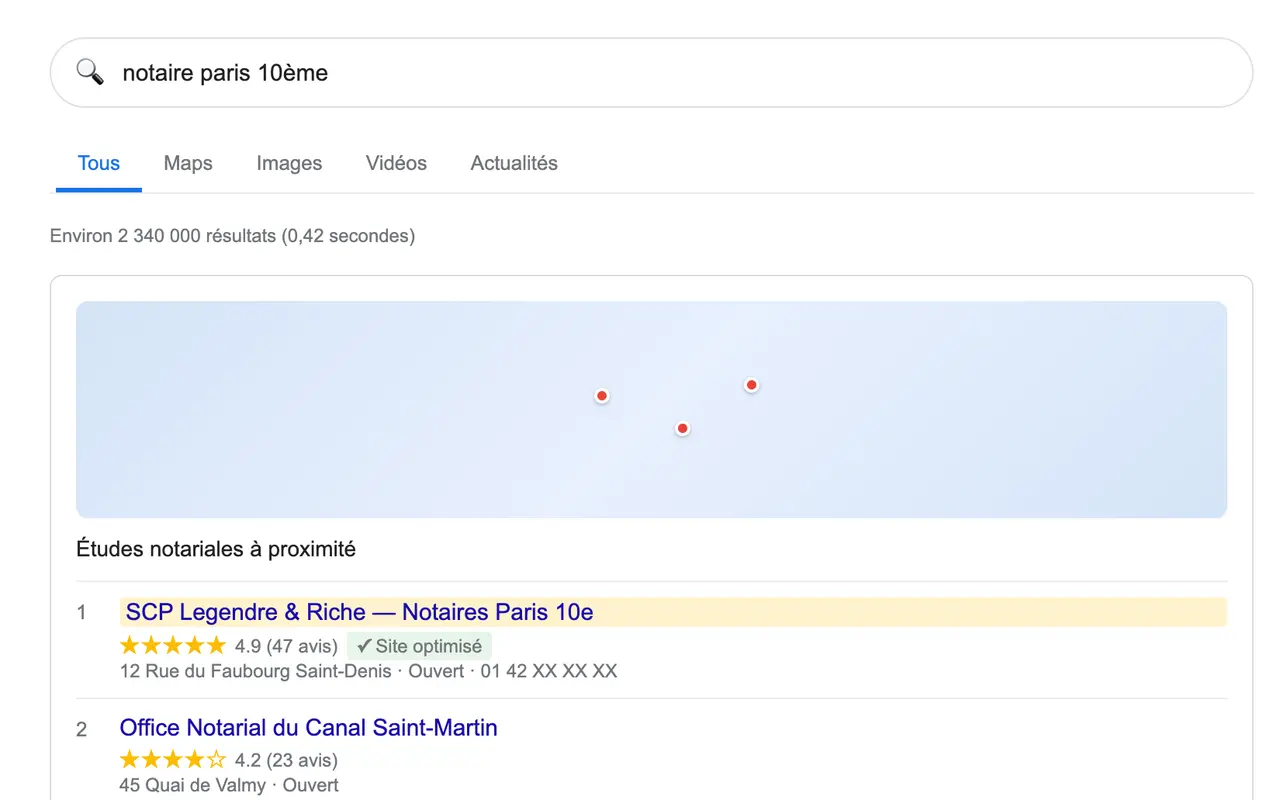 Reconstitution d’une page Google pour « notaire paris 10e » : la carte, puis les études notariales et leurs notes